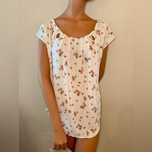 LC Lauren Conrad Floral Bow Keyhole Blouse Size L Cream Red Rose Print